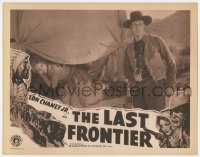 3z666 LAST FRONTIER LC R1942 close up of cowboy with gun drawn & girl hiding on covered wagon!