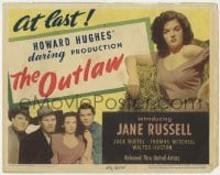 3z233 OUTLAW TC 1946 close up of sexy Jane Russell sitting on hay & with top cast, Howard Hughes!