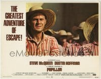 3z780 PAPILLON LC #5 1973 great close up of Steve McQueen wearing prison jumpsuit & straw hat!