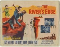 3z257 RIVER'S EDGE TC 1957 Ray Milland & Anthony Quinn fighting on cliff, Debra Paget