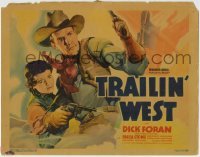3z322 TRAILIN' WEST TC 1936 great art of cowboy Dick Foran with guns protecting Paula Stone, rare!