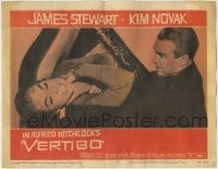 3z954 VERTIGO LC #4 1958 Alfred Hitchcock classic, c/u of James Stewart choking brunette Kim Novak!