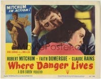 3z970 WHERE DANGER LIVES LC #2 1950 close up of Robert Mitchum holding pretty Faith Domergue!