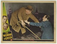 3z987 WOMAN IN GREEN LC 1945 Basil Rathbone as Sherlock Holmes saving Nigel Bruce as Dr. Watson!