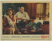 3z992 WRONG MAN LC #5 1957 c/u of Henry Fonda & Vera Miles at home, Alfred Hitchcock directed!