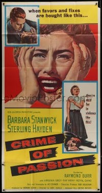 4b606 CRIME OF PASSION 3sh 1957 different image of horrified Barbara Stanwyck & Sterling Hayden!
