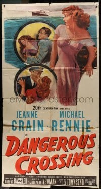 4b608 DANGEROUS CROSSING 3sh 1953 art of sexy Jeanne Crain & Michael Rennie at sea!