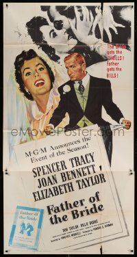 4b638 FATHER OF THE BRIDE 3sh 1950 art of Liz Taylor in wedding gown & broke Spencer Tracy!