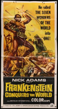 4b647 FRANKENSTEIN CONQUERS THE WORLD 3sh 1966 Toho, art of monsters terrorizing by Reynold Brown!