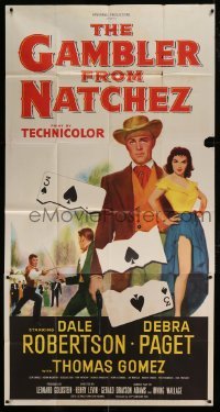 4b654 GAMBLER FROM NATCHEZ 3sh 1954 Dale Robertson, Debra Paget, 3 of spades gambling artwork!