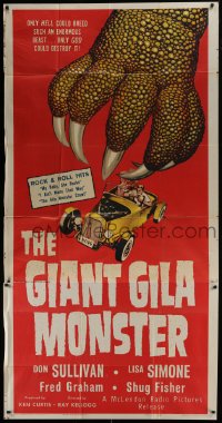 4b658 GIANT GILA MONSTER 3sh 1959 classic art of giant monster hand grabbing teens in hot rod!