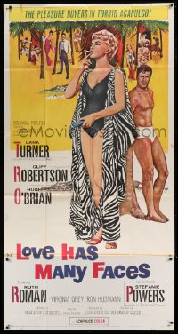 4b755 LOVE HAS MANY FACES 3sh 1965 Terpning art of sexy Lana Turner & barechested Hugh O'Brian!
