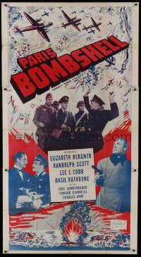 4b814 PARIS CALLING 3sh R1949 Basil Rathbone, Randolph Scott, cool airplane art, Paris Bombshell!