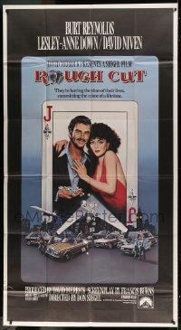 4b863 ROUGH CUT int'l 3sh 1980 Don Siegel, Burt Reynolds, sexy Lesley-Anne Down, playing card art!