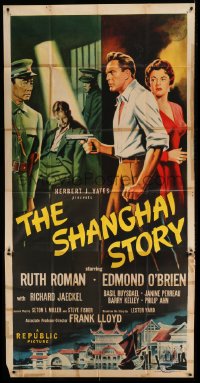 4b881 SHANGHAI STORY 3sh 1954 art of sexy Ruth Roman behind Edmond O'Brien pointing gun at guards!