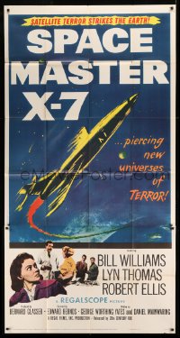 4b905 SPACE MASTER X-7 3sh 1958 satellite terror strikes the Earth, cool art of rocket ship!