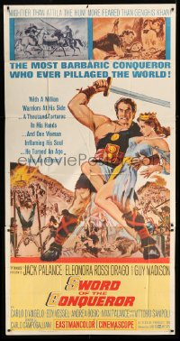 4b923 SWORD OF THE CONQUEROR 3sh 1962 great art of Jack Palance as barbarian holding sexy girl!