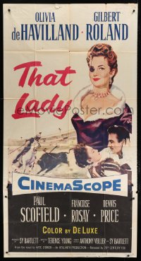 4b937 THAT LADY 3sh 1955 close up of Gilbert Roland & Olivia de Havilland with eyepatch!