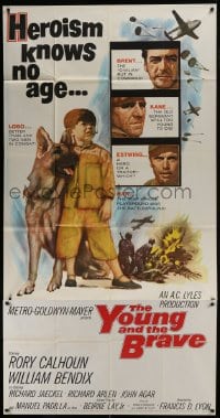 4b992 YOUNG & THE BRAVE 3sh 1963 Rory Calhoun, William Bendix, art of heroic boy & German Shepherd!