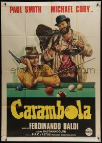 4b208 CARAMBOLA Italian 1p 1974 wonderful spaghetti western art of cowboys sitting at pool table!