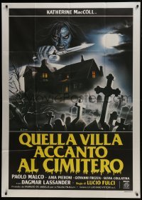 4b295 HOUSE BY THE CEMETERY Italian 1p 1984 Lucio Fulci, Sciotti art of killer over graveyard!