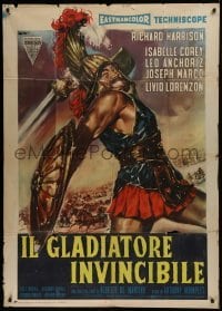 4b314 INVINCIBLE GLADIATOR Italian 1p 1961 art of Richard Harrison with sword & armor by Casaro!