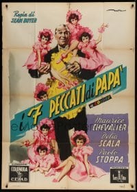 4b366 MY SEVEN LITTLE SINS Italian 1p 1954 DeSeta art of Maurice Chevalier in apron w/ tiny girls!