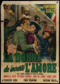 4b489 WOMAN WHO INVENTED LOVE Italian 1p 1952 Cesselon art of Rossano Brazzi & Pampanini by train!