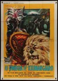4b499 ZANZABUKU Italian 1p 1956 Dangerous Safari, different Symeoni art of African natives & lion!