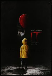 4c670 IT int'l teaser DS 1sh 2017 creepy image of Pennywise handing child balloon, you'll float too!