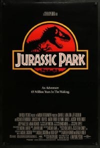 4c687 JURASSIC PARK DS 1sh 1993 Steven Spielberg, classic logo with T-Rex over red background