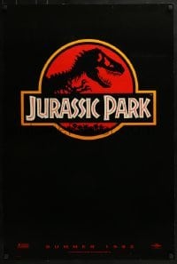 4c689 JURASSIC PARK teaser 1sh 1993 Steven Spielberg, classic logo with T-Rex over red background