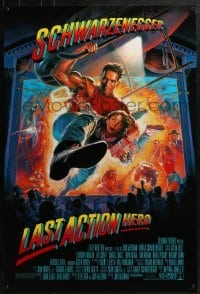 4c709 LAST ACTION HERO 1sh 1993 cool Morgan art of Arnold Schwarzenegger crashing through screen!