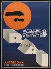 4c132 AUTOMOBIEL-EN MOTORRIJWIEL TENTOONSTELLING 31x43 special poster 1935 art of car & motorcycle!