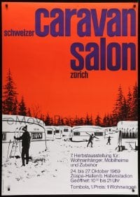 4c094 CARAVAN SALON 36x51 Swiss museum/art exhibition 1969 skiers and caravans by Rolf Stickel!