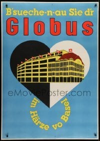 4c212 GLOBUS 36x51 Swiss advertising poster 1950 art of store inside heart, In The Heart of Basel!