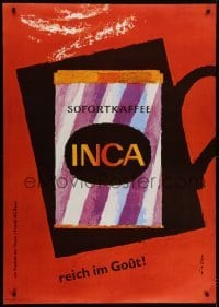 4c226 INCA 36x50 Swiss advertising poster 1958 Buhler art of coffee can & silhouette of coffee mug