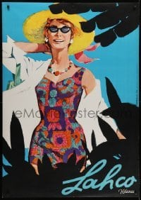 4c246 LAHCO 36x51 Swiss advertising poster 1962 Deville art of woman in a colorful swimsuit & hat!