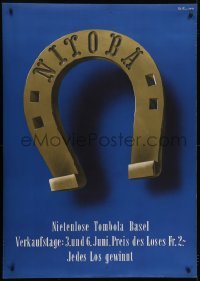 4c154 NIETENLOSE TOMBOLA BASEL blue style 36x50 Swiss special poster 1940s image of horseshoe!