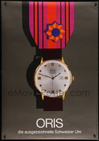 4c263 ORIS 36x50 Swiss advertising poster 1965 Swiss luxury timepieces, cool art of watch on ribbon!
