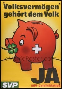 4c032 SWISS PEOPLE'S PARTY 35x51 Swiss political campaign 2002 piggy bank with clover and cross!