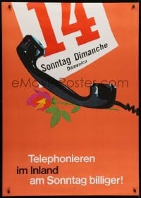 4c293 TELEFONIEREN IM INLAND AM SONNTAG BILLIGER 36x51 Swiss advertising poster 1964 cheaper calls!