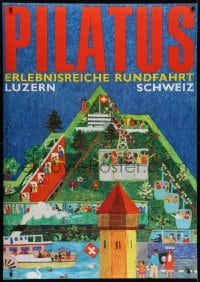 4c049 PILATUS 36x51 Swiss travel poster 1967 detailed Edgar Kung art of the town and mountain!