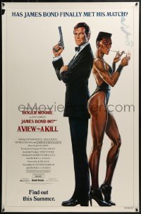4c958 VIEW TO A KILL advance 1sh 1985 art of Roger Moore & Jones by Goozee over white background!
