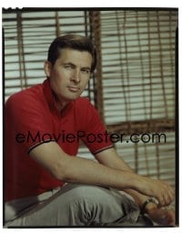 4d012 FESS PARKER 8x10 transparency 1959 great seated portrait wearing red collared shirt!