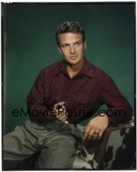 4d215 ROBERT STACK 8x10 Kodachrome transparency 1950s great seated portrait holding tobacco pipe!