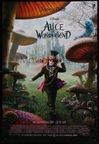4g025 ALICE IN WONDERLAND advance DS 1sh 2010 Johnny Depp as the Mad Hatter surrounded by mushrooms