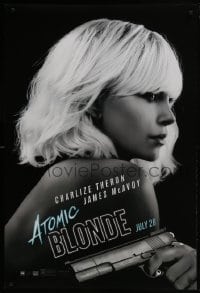 4g054 ATOMIC BLONDE teaser DS 1sh 2017 great close-up portrait of sexy Charlize Theron with gun!