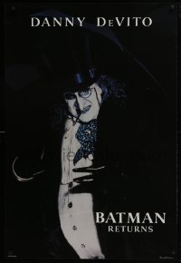 4g087 BATMAN RETURNS teaser 1sh 1992 Burton, close-up of Danny DeVito as the Penguin, undated design
