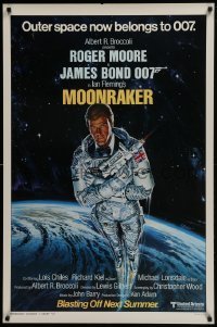 4g629 MOONRAKER style A advance 1sh 1979 art of Roger Moore as Bond in space by Goozee!